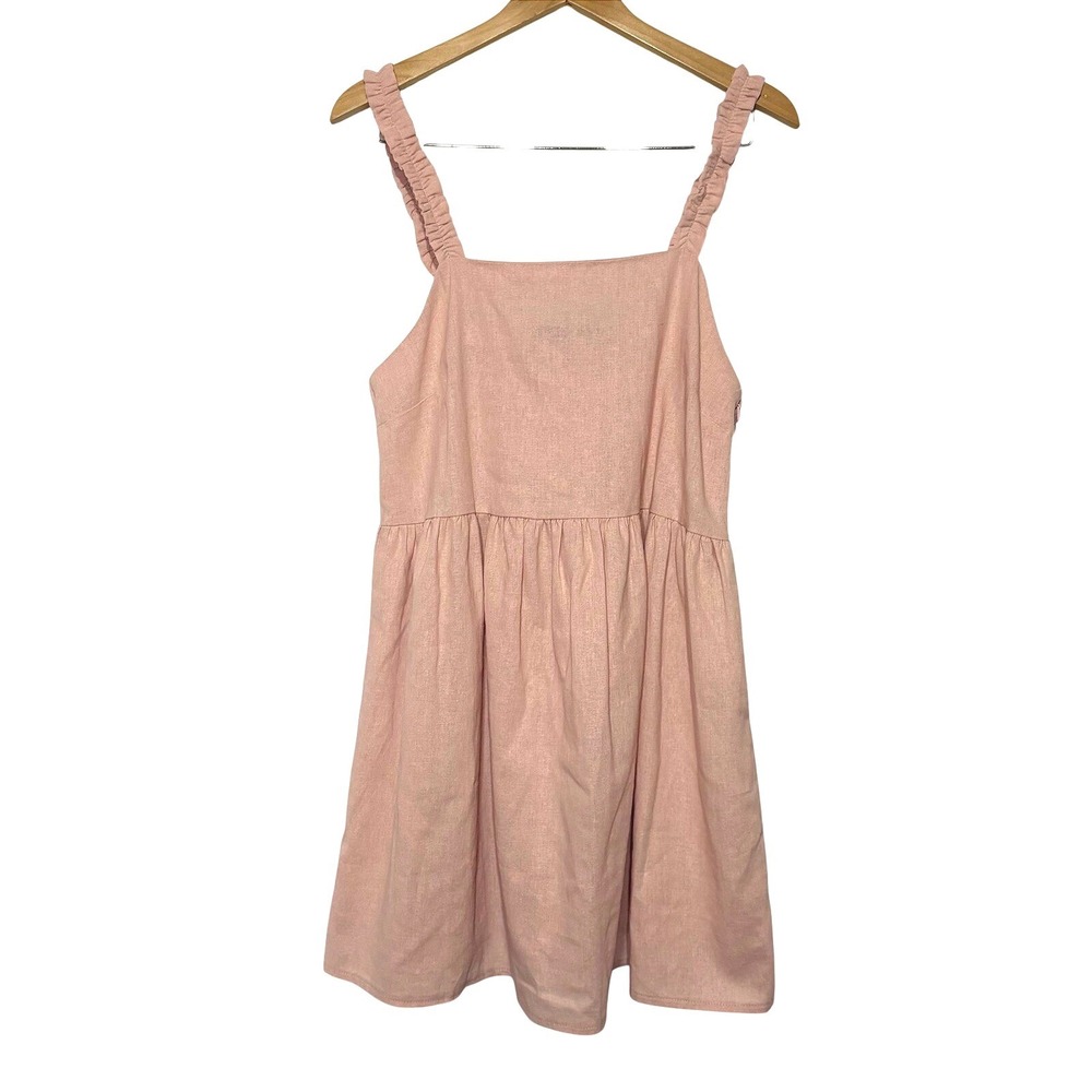 Missguided Pink Linen Blend Ruched Strap Babydoll Mini Dress Womens‎ US 6